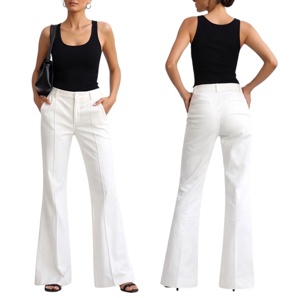 Alice + Olivia Pintuck Flare Pants White Stretch Cotton
